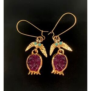 Golden Swallow Carrying Pomegranate Earrings Ruby Red Boho retro Love Charm